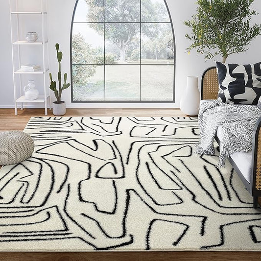 Abani Abstract Beige/Black Area Rug - 4'x6' - Modern Animal/Natural Lines Design - Deco Collection - Easy to Clean - Durable for High Traffic Areas - Bedroom, Office & Kitchen - Medium Pile