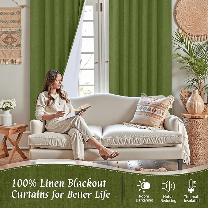 LAMIT 100% Blackout Linen Curtains for Living Room, 72 Inches Linen Textured Thermal Bedroom Drapes Back Tab and Rod Pocket Christmas Panels with White Liner, 2 Panels, 52 x 72 Inch, Olive Green