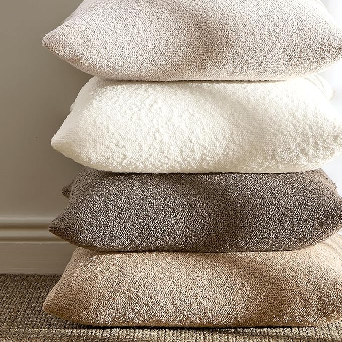 ANRODUO Pack of 2 Textured Boucle Throw Pillow Covers Soft Beige Euro Decorative Accent Solid Pillow Cases Cozy Modern Couch Cushion Case for Chair Sofa Bedroom Living Room Home Decor, 22 x 22 Inch
