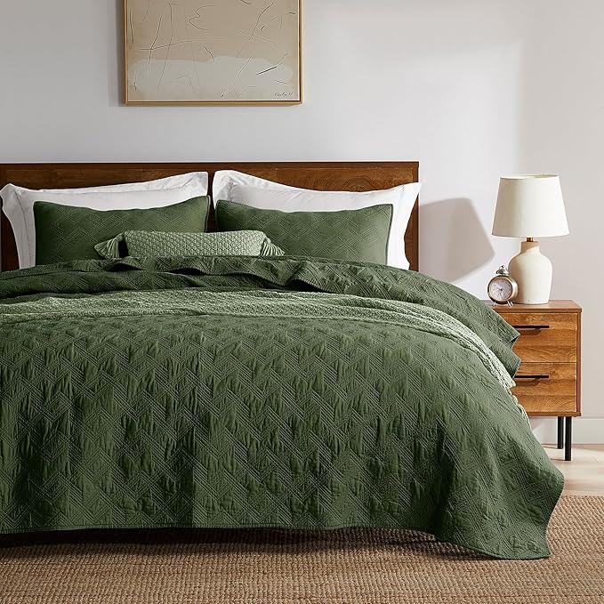 WDCOZY 100% Cotton Oversized King Quilt Set - Olive Green California Cal King Size Soft Lightweight Modern Bedspread, Farmhouse Country Rustic Coverlet, Textured Like Linen, Shabby Chic Bedding