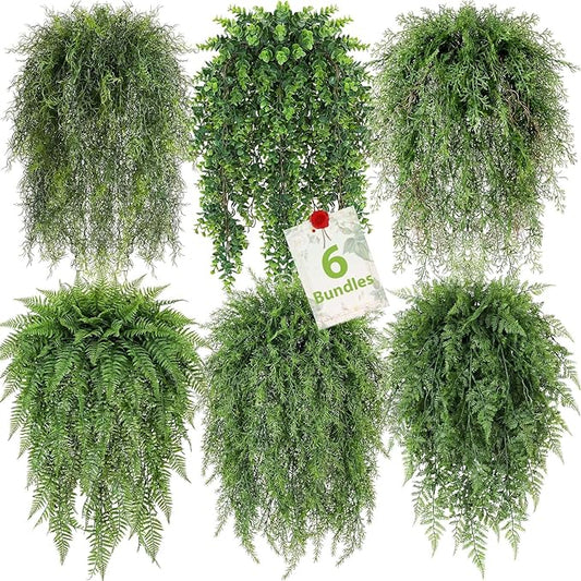 Dingion 6 Pack Artificial Hanging Plants for Forest Decorations 41.73 in Large Fake Greenery Plants Fake Persian Black Mondo Grass Eucalyptus for Home Wall Garden Indoor Outdoor Decoration
