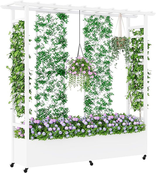 Raised Garden Bed with Trellis & Hanging Roof, Weatherproof Metal Planter Box with Wheels, Garden Arch Trellis for Outdoor Climbing Plants Vines Flowers, 74" H x 77" L x 17" W, White