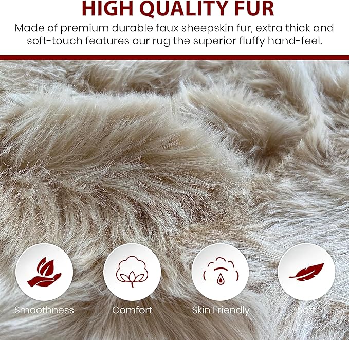 LAMBZY Faux Sheepskin Super Soft Hypoallergenic Silky Shag Rug for Living Room, Kids Room, Sofa (Single and a Half 2'x4'6", Beige)