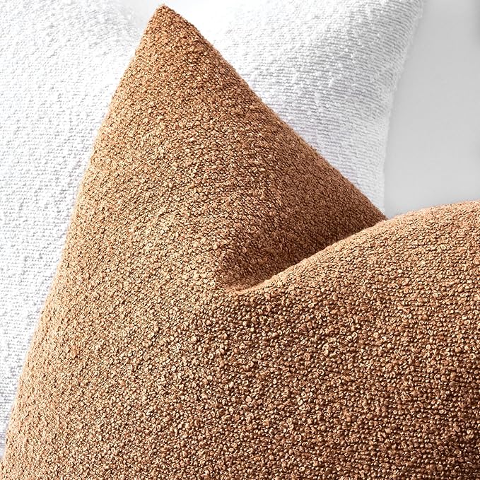Boucle Decorative Lumbar Pillow Covers for Couch Set of 2, 12x20 inches, Tobacco