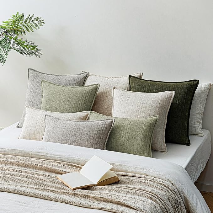 a moment Linen Pillow Covers Set of 2,Boho Farmhouse Throw Pillowcases Neutral Textured Decorative Covers for Couch Sofa,Linen Blend Accent Case Cushion Living Room Home Decor 24"x24"Seeding Green