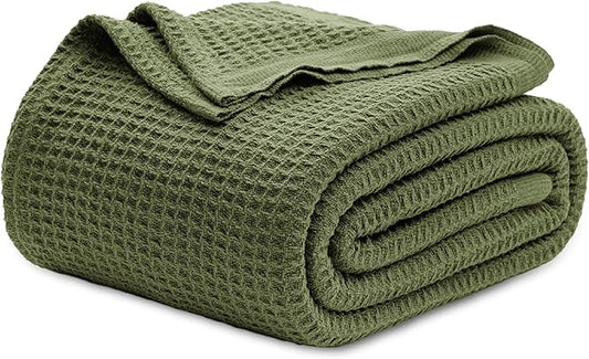 Bedsure Gentlesoft 100% Cotton Blanket King Size for Bed - Breathable and Soft, Thick Cozy Waffle Weave Christmas Blanket Gift for Women, Olive Green, 104x90 inches