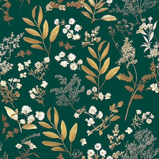 Dark Green Floral Wallpaper Peel and Stick Green Golden Leaf Wallpaper Vintage Floral Contact Paper Waterproof Self Adhesive Boho Delicate Wall Paper for Cabinet Rooms Desk Locker 17.5in x32.8ft