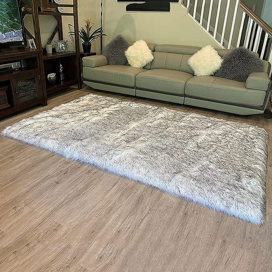 LAMBZY High Pile Super Fluffy Soft Faux Sheepskin Rug | Faux Sheepskin Rugs for Living Room Playroom Bedroom | Classic Super Soft to Touch Rug (4'x6', White/Black Tips)