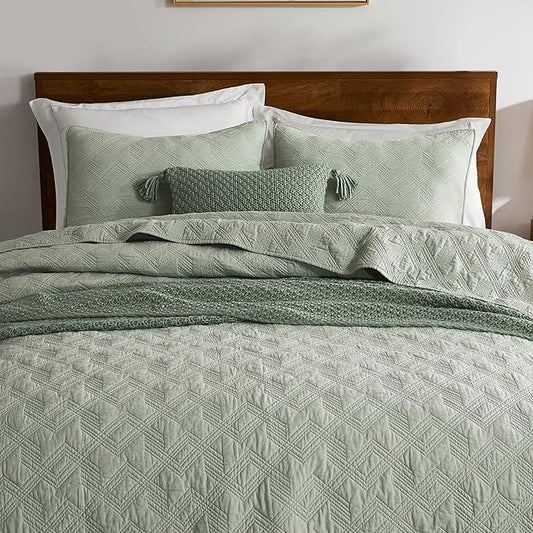 WDCOZY 100% Cotton Oversized King Quilt Set - Sage Green California Cal King Size Soft Lightweight Modern Bedspread, Farmhouse Country Rustic Coverlet, Textured Like Linen, Shabby Chic Bedding