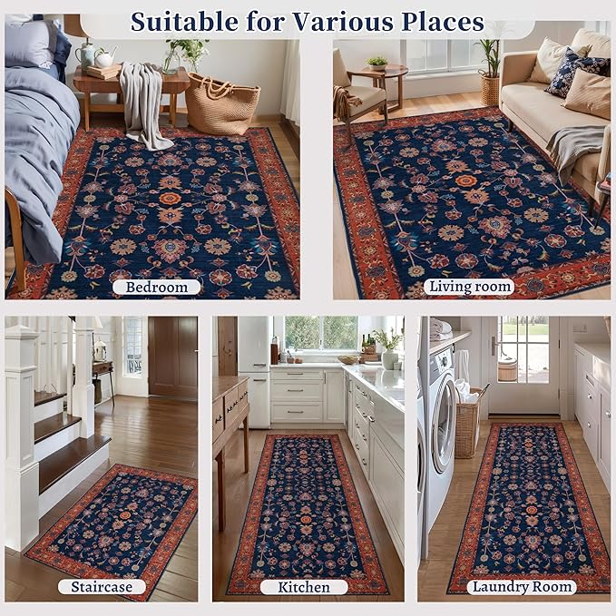 Tangsoo 8x10 Large Area Rug for Living Room,Non Slip Machine Washable Rug for Bedroom, Boho Distressed Vintage Red Blue Floral Rugs, Soft Low Pile Floor Carpet for Dining Room Office Kitchen Farmhouse