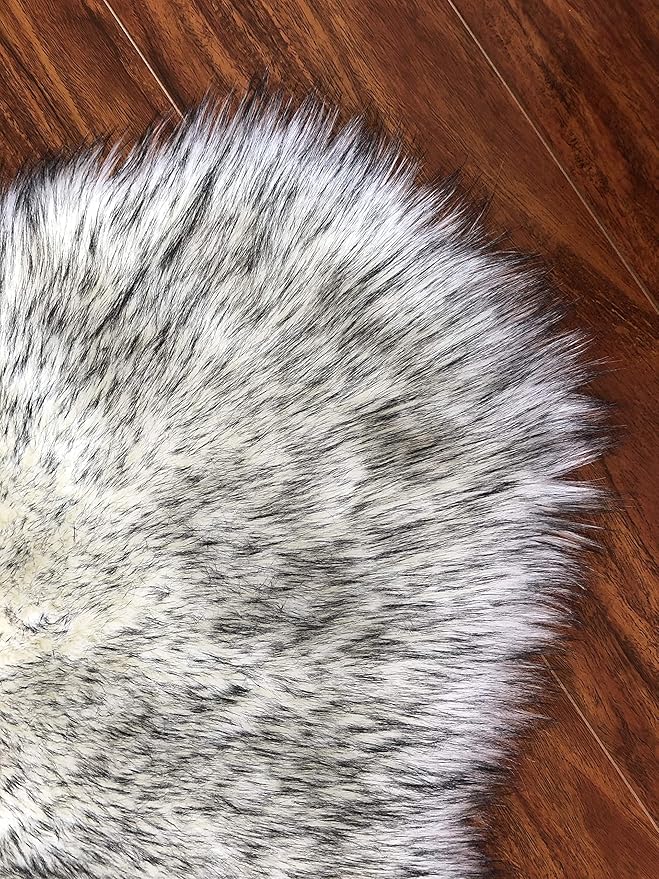 Free Shape Luxury Soft Fluffy Shag Area Rug Double Side by Side 3'x4', 90x120cm - Vegan Fur Ultra Soft Indoor Carpet Nursery Rugs for Bedroom Home Decor, White with Black Tips