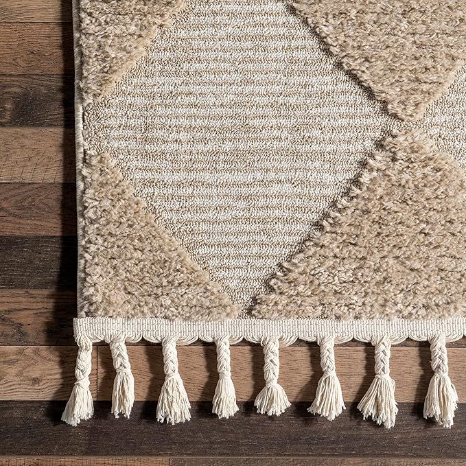 Nuloom Marissa Beige/Ivory, 2'6" x 6', Diamond, Tassel, Soft and Cozy, High Traffic, Stain Resistant, Easy Clean, Durable Runner for Bedroom, Living Room, Dining Space, Den, Foyer, Entryway