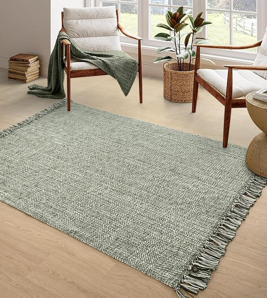 Collive Comfy Area Rug 4' x 6', Olive Green/Cream Woven Cotton Bedroom Rugs, Modern Indoor Accent Rug Floor Carpet with Tassel for Living Room, Nursery Room, Dining Room, Bedside, Office, Patio Decor