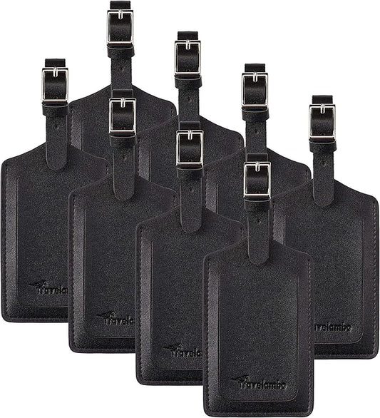 Travelambo 8 Pack Luggage Tags Faux Leather for Suitcases Travel Bag Labels Travel Accessories Essential with Protection Cover ID (Black)