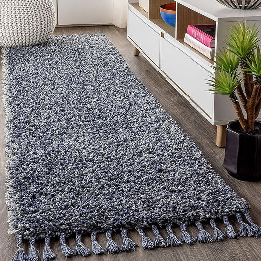 JONATHAN Y Mercer Shag Plush Tassel Denim Blue Runner Rug, 2x8, Contemporary, Modern, Easy-Cleaning for Living Room, Bedroom, Kitchen, Pet Friendly, Non-Shedding (MCR100C-28)