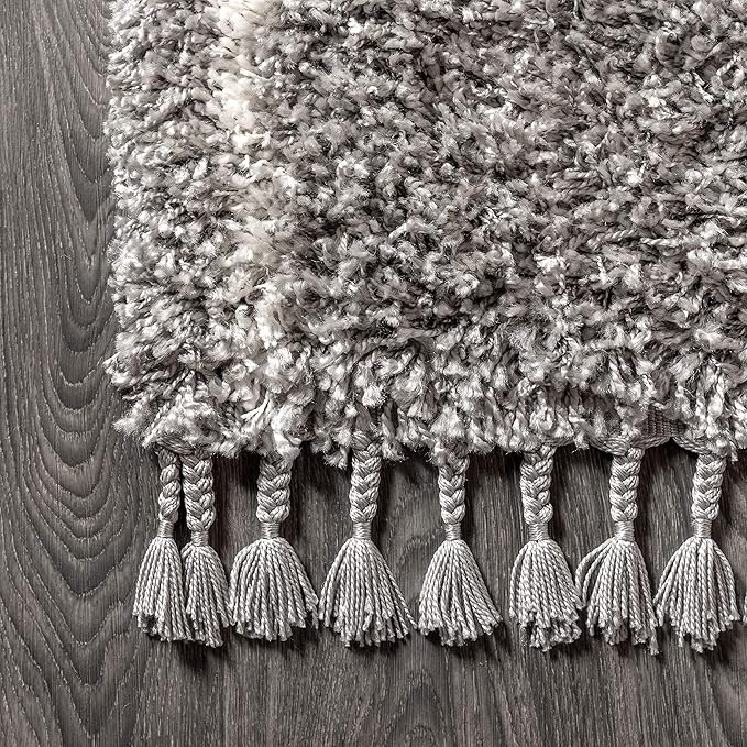 JONATHAN Y Mercer Shag Plush Tassel Gray/Ivory Runner Rug, 2x8, Moroccan Geometric Trellis, Easy-Cleaning for Living Room, Bedroom, Kitchen, Pet Friendly, Non-Shedding (MCR101C-28)