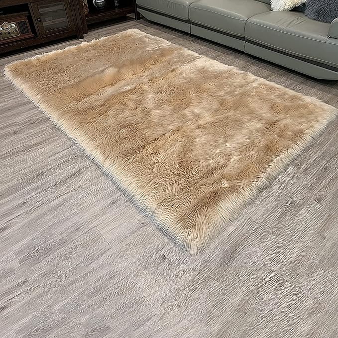 LAMBZY High Pile Super Fluffy Soft Faux Sheepskin Rug | Faux Sheepskin Rugs for Living Room Playroom Bedroom | Classic Super Soft to Touch Rug (8'x11', Beige)