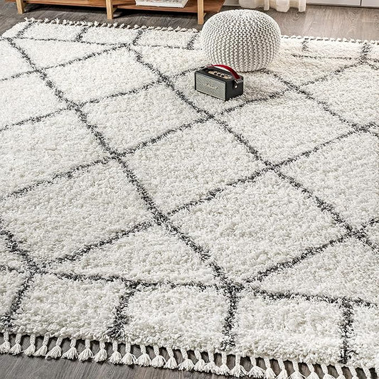 JONATHAN Y Mercer Shag Plush Tassel Ivory/Gray Indoor Area Rug, 4x6, Moroccan Geometric Trellis, Easy-Cleaning for Living Room, Bedroom, Kitchen, Pet Friendly, Non-Shedding (MCR101B-4)