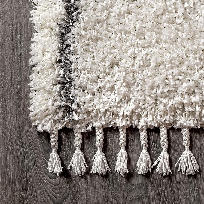 JONATHAN Y Mercer Shag Plush Tassel Ivory/Gray Indoor Area Rug, 5x8, Moroccan Geometric Trellis, Easy-Cleaning for Living Room, Bedroom, Kitchen, Pet Friendly, Non-Shedding (MCR101B-5)