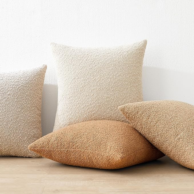 Mixhug Decorative Boucle Throw Pillow Covers, Camel, 20 x 20 Inches, Pack of 2 - Textured Boho Pillow Covers for Couch and Bed