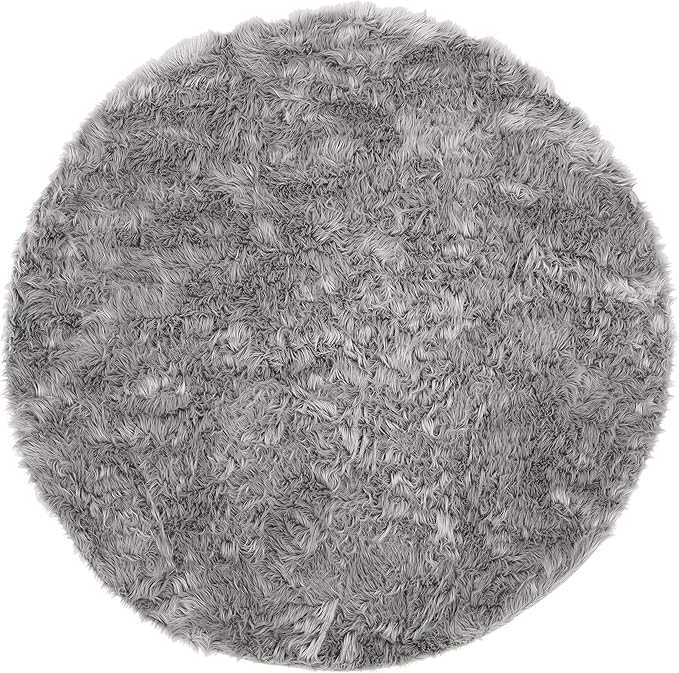 SAFAVIEH Faux Sheep Skin Collection 5' Round Grey FSS235D Silken Glam 2.35-inch Thick Area Rug