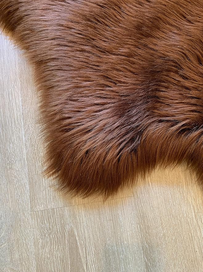 LAMBZY Faux Sheepskin Super Soft Hypoallergenic Silky Shag Rug for Living Room, Kids Room, Sofa (Triple Side by Side 3'x6', Brown)