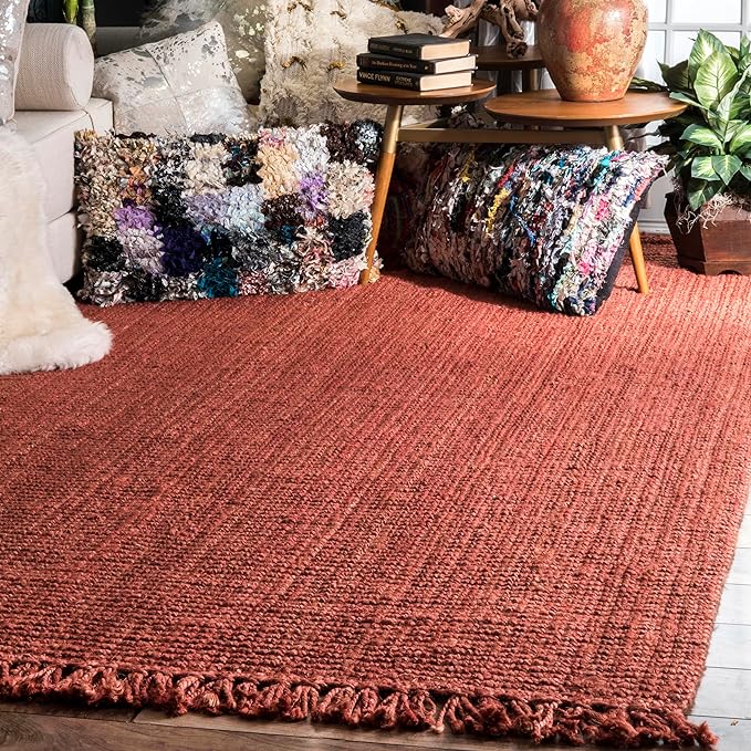 nuLOOM 5x8 Daniela Jute Tassel Hand Woven Area Rug, Brick, Solid Chunky Farmhouse Design, Natural Fiber, For Bedroom, Dining Room, Living Room, Hallway, Office, Entryway