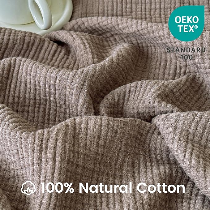 FALUCA Cotton Muslin Reversible Blanket King Size for Bed, Couch, Four Layers Blanket, Soft Lightweight Cozy Breathable Farmhouse Decoration for All-Season, Brown