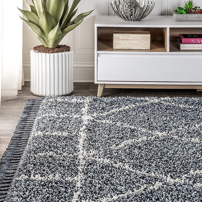 JONATHAN Y Mercer Shag Plush Tassel Blue/Cream Indoor Area Rug, 5x8, Moroccan Geometric Trellis, Easy-Cleaning for Living Room, Bedroom, Kitchen, Pet Friendly, Non-Shedding (MCR101A-5)