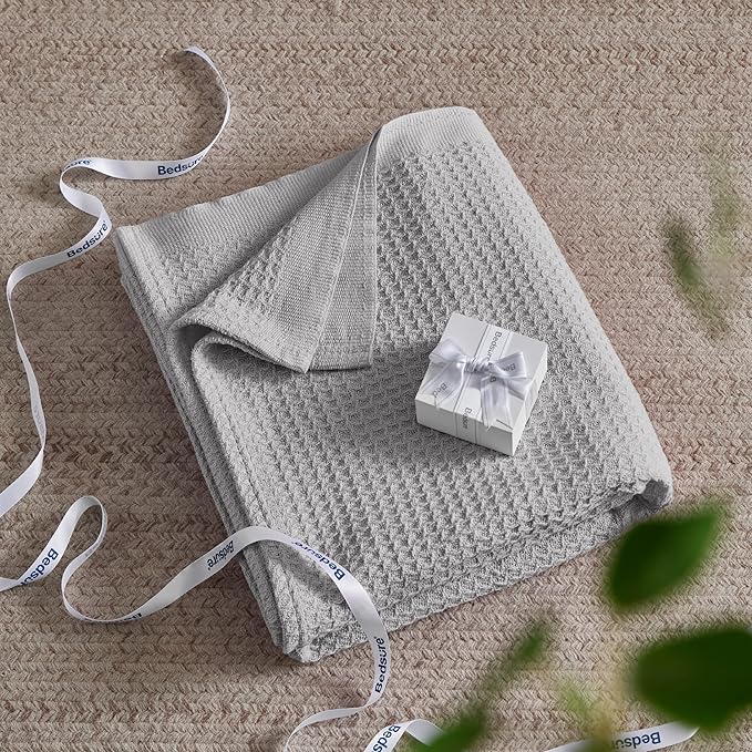 Bedsure Gentlesoft 100% Cotton Large Throw Blanket for Couch 50x70 inches - Breathable and Soft, Waffle Weave Throw Blanket for Office, Grey