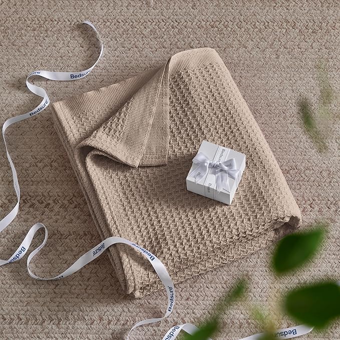 Bedsure Gentlesoft 100% Cotton Blanket Twin XL Size for College Dorm - Breathable and Soft, Waffle Weave Twin Blanket for Summer, Dorm Room Essentials, Light Brown, 66x90 inches