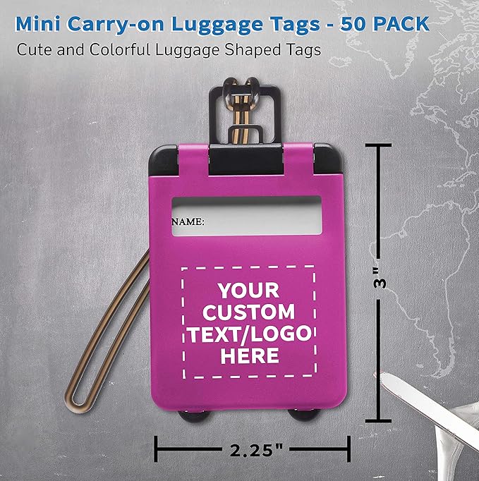 50 Mini Carry-on Luggage Tags Pack - Customizable Text, Logo - Flip Open Cover, ID Sticker - Purple