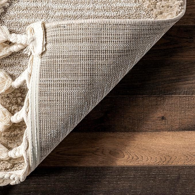 Nuloom Marissa Beige/Ivory, 8' Round, Diamond, Tassel, Soft and Cozy, High Traffic, Stain Resistant, Easy Clean, Durable Area Rug for Bedroom, Living Room, Dining Space, Den, Foyer, Entryway