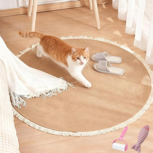 Cotton Rope Area Rug for Cats, Cat Scratching Rug, Washable Round Vintage Reversible Woven Tassel Rug, Soft and Stylish Home Accent, Easy Clean, Multiple Sizes (Coffee, 32" (80cm))