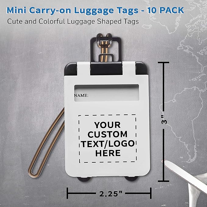 10 Mini Carry-on Luggage Tags Pack - Customizable Text, Logo - Flip Open Cover, ID Sticker - White
