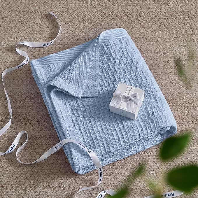 Bedsure Gentlesoft 100% Cotton Large Throw Blanket for Couch 50x70 inches - Breathable and Soft, Waffle Weave Throw Blanket for Office, Sky Blue