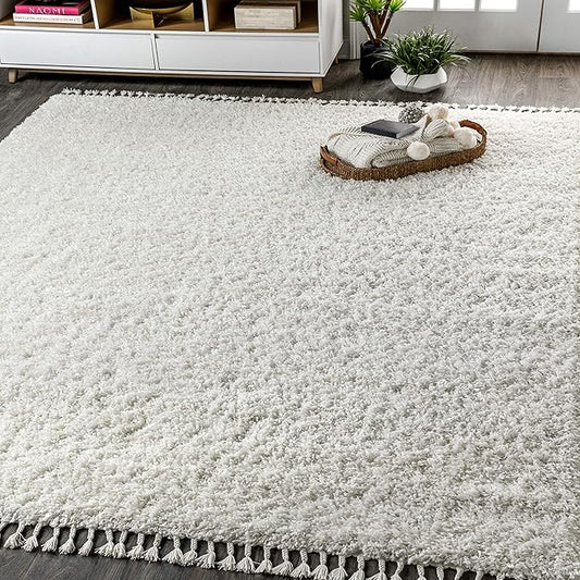 JONATHAN Y Mercer Shag Plush Tassel White Indoor Area Rug, 4x6, Contemporary, Modern, Easy-Cleaning for Living Room, Bedroom, Kitchen, Pet Friendly, Non-Shedding (MCR100A-4)