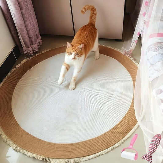 Cotton Rope Area Rug for Cats, Cat Scratching Rug, Washable Round Vintage Reversible Woven Tassel Rug, Soft and Stylish Home Accent, Easy Clean, Multiple Sizes (Off-White, 18" (45cm))