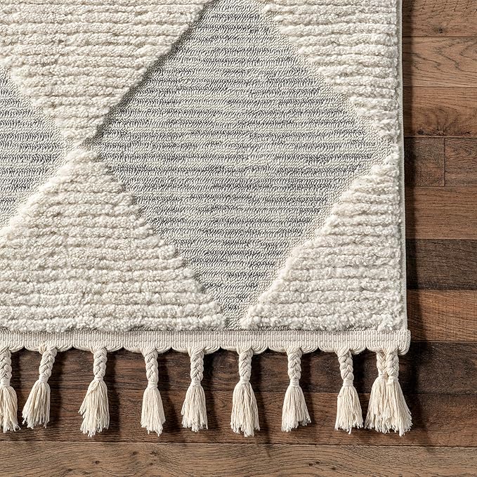 Nuloom Marissa Off-White/Grey, 10' x 14', Diamond, Tassel, Soft and Cozy, High Traffic, Stain Resistant, Easy Clean, Durable Area Rug for Bedroom, Living Room, Dining Space, Den, Foyer, Entryway