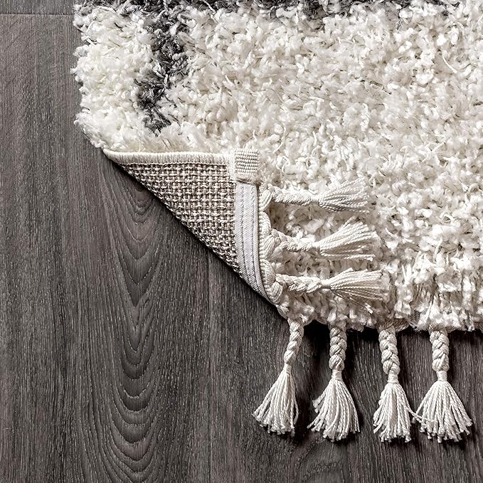 JONATHAN Y Mercer Shag Plush Tassel Ivory/Gray Indoor Area Rug, 5x8, Moroccan Geometric Trellis, Easy-Cleaning for Living Room, Bedroom, Kitchen, Pet Friendly, Non-Shedding (MCR101B-5)