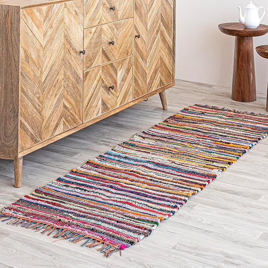 HOMEMONDE 2'x8' Chindi Runner Rug with Tessels | Reversible Hand-Braided Multicolor Cotton Rug | Recycled Stylish Boho Runner for Kitchen, Bedroom, & Living Room Decor