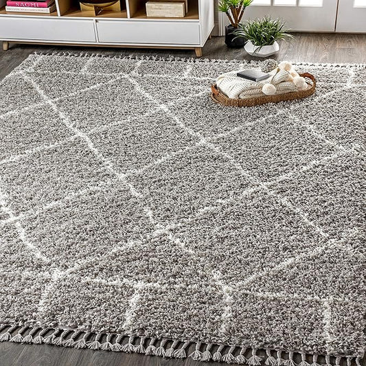 JONATHAN Y Mercer Shag Plush Tassel Gray/Ivory Indoor Area Rug, 3x5, Moroccan Geometric Trellis, Easy-Cleaning for Living Room, Bedroom, Kitchen, Pet Friendly, Non-Shedding (MCR101C-3)