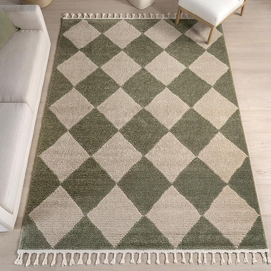 Nuloom Marissa Green/Ivory, 5'3" x 7'6", Diamond, Tassel, Soft and Cozy, High Traffic, Stain Resistant, Easy Clean, Durable Area Rug for Bedroom, Living Room, Dining Space, Den, Foyer, Entryway