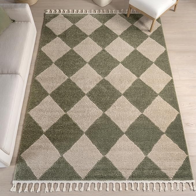 Nuloom Marissa Green/Ivory, 9' x 12', Diamond, Tassel, Soft and Cozy, High Traffic, Stain Resistant, Easy Clean, Durable Area Rug for Bedroom, Living Room, Dining Space, Den, Foyer, Entryway